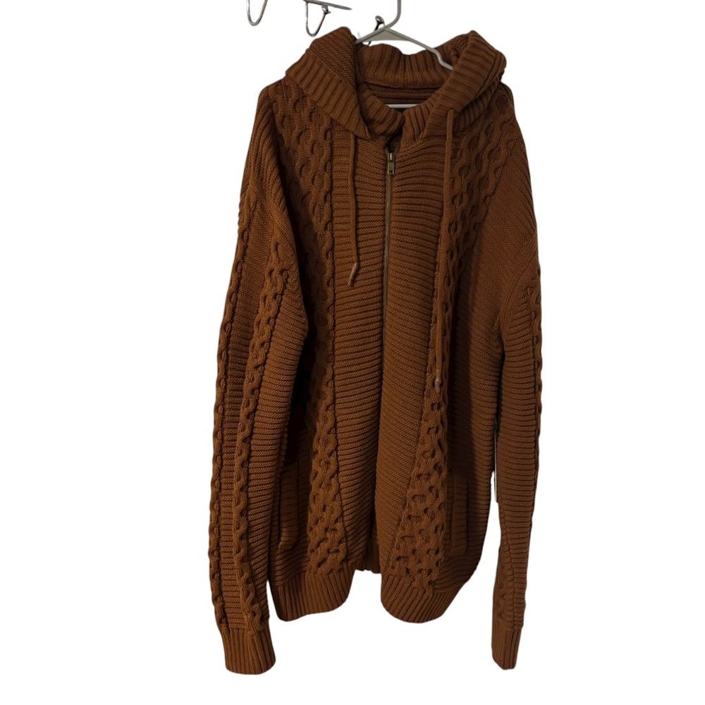 Makobi Men’s Stylish Y2K Streetwear cognac brown cable knit zip-up hoodie 6XB